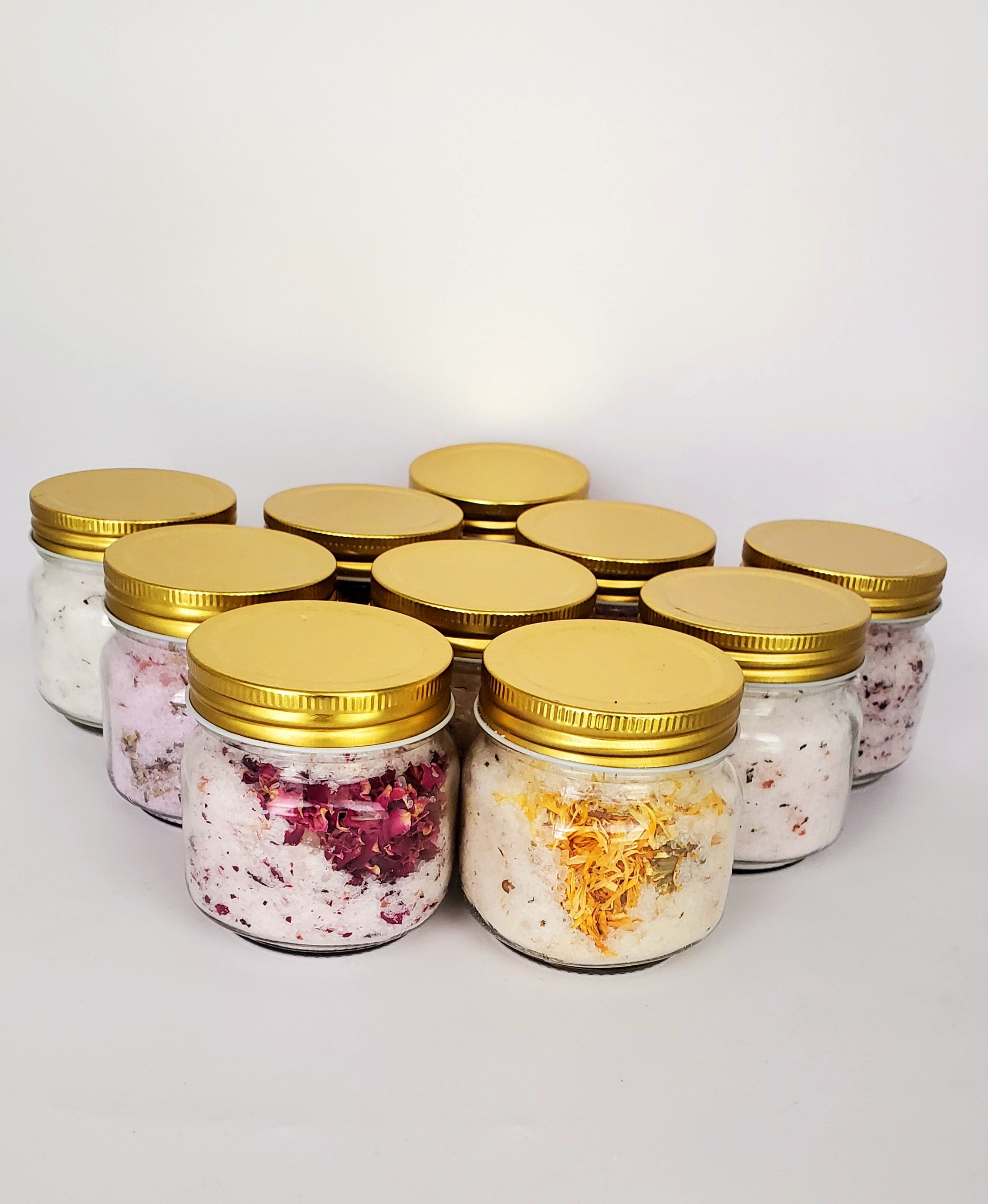 (10) 8oz Bath Salt Glass Mason Jars with Gold Screw Lid